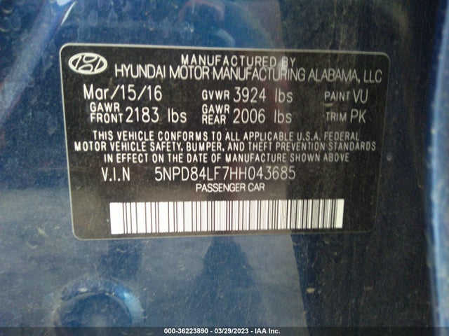 2017 HYUNDAI ELANTRA LIMITED VIN: 5NPD84LF7HH043685
