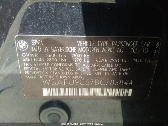 2011 BMW 5 SERIES 550I XDRIVE VIN: WBAFU9C57BC783844