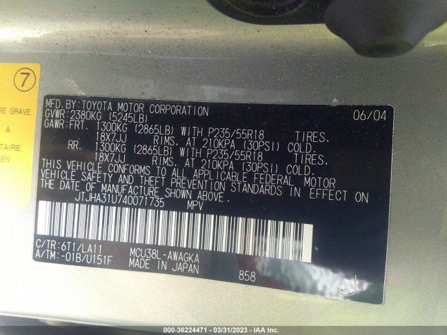 36224471 :رقم المزاد ، JTJHA31U740071735 vin ، 2004 Lexus Rx 330 مزاد بيع