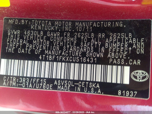2012 TOYOTA CAMRY L/LE/SE/XLE VIN: 4T1BF1FKXCU516431
