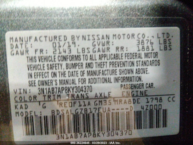 2019 NISSAN SENTRA SL VIN: 3N1AB7AP8KY304370