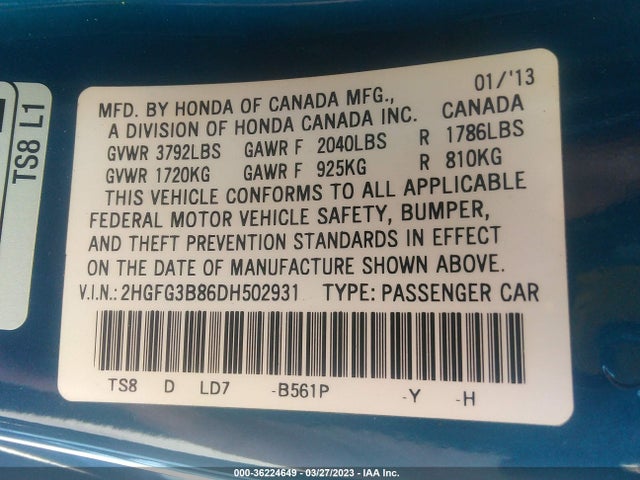 2013 HONDA CIVIC CPE EX VIN: 2HGFG3B86DH502931