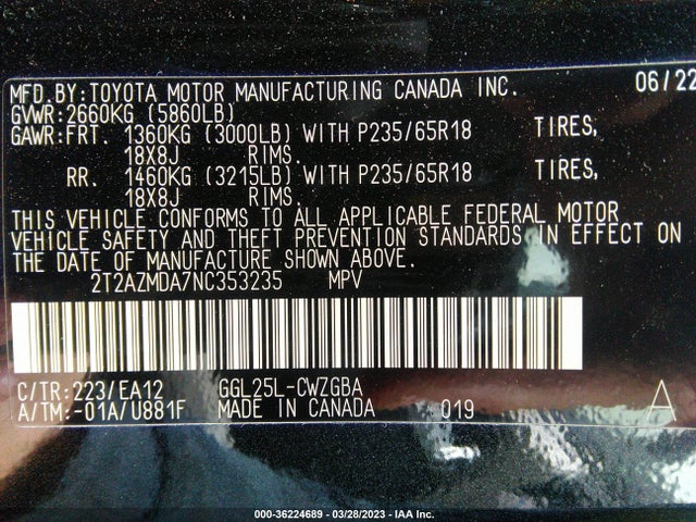 2T2AZMDA7NC353235 Lexus Rx Rx 350