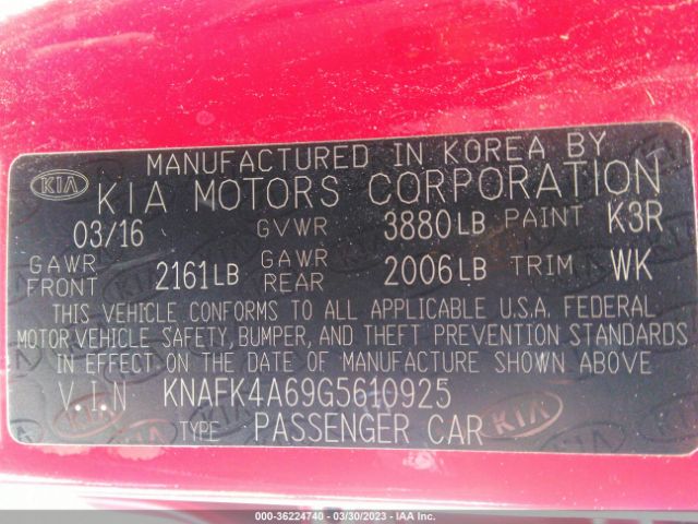 KNAFK4A69G5610925 KIA FORTE LX