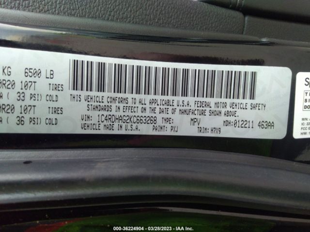 1C4RDHAG2KC663268 Dodge Durango Sxt Plus