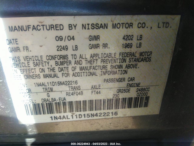 2005 NISSAN ALTIMA 2.5 S VIN: 1N4AL11D15N422216