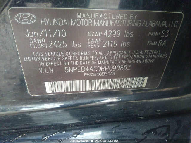 2011 HYUNDAI SONATA GLS PZEV VIN: 5NPEB4AC9BH090853