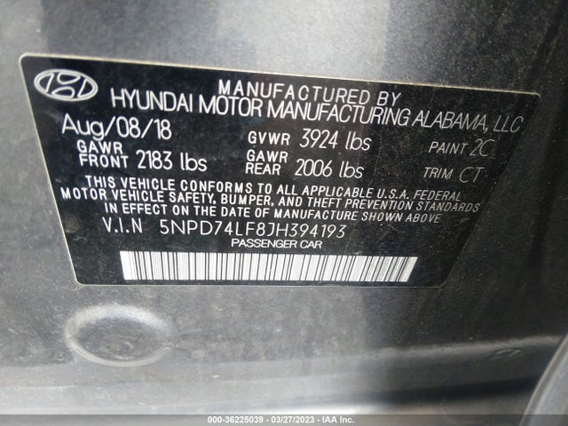 2018 HYUNDAI ELANTRA SE VIN: 5NPD74LF8JH394193