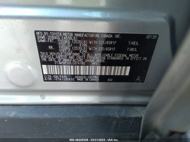 2020 TOYOTA RAV4 XLE VIN: 2T3W1RFV0LC074180