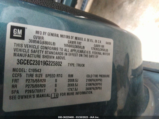 2009 CHEVROLET SILVERADO 1500 LT VIN: 3GCEC23019G225802
