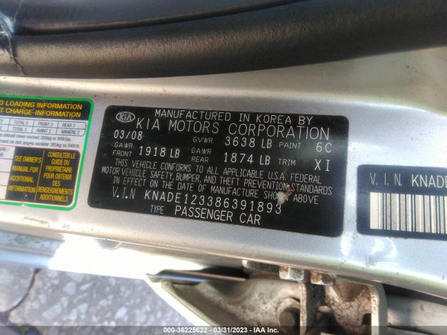 2008 KIA RIO LX VIN: KNADE123386391893