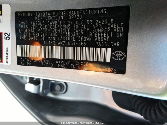 2020 TOYOTA CAMRY HYBRID XLE VIN: 4T1F31AK7LU544365