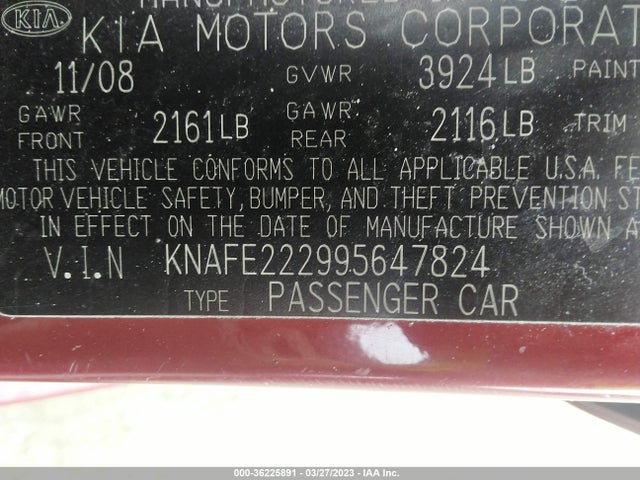 2009 KIA SPECTRA EX VIN: KNAFE222995647824
