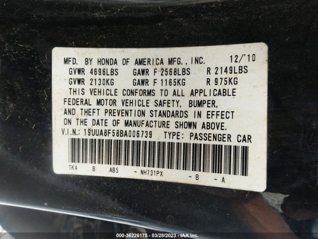 2011 ACURA TL TECH VIN: 19UUA8F58BA006739