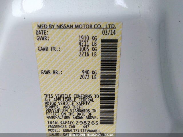 2014 NISSAN ALTIMA 2.5 SV VIN: 1N4AL3AP4EC298265