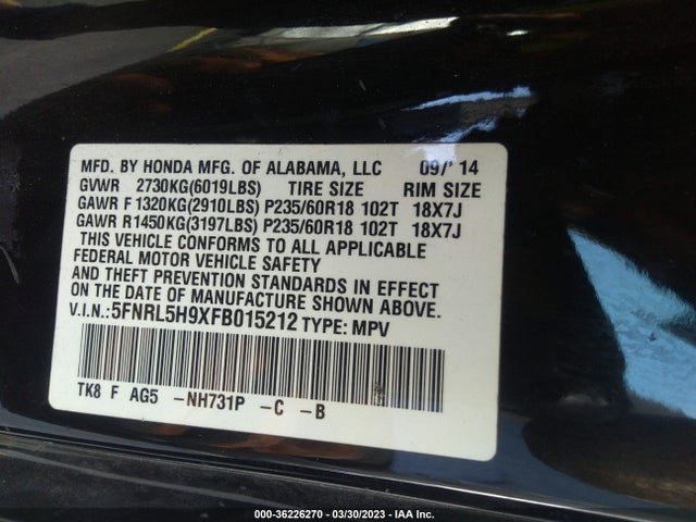 Honda Odyssey Touring 2015 5FNRL5H9XFB015212 Image 9