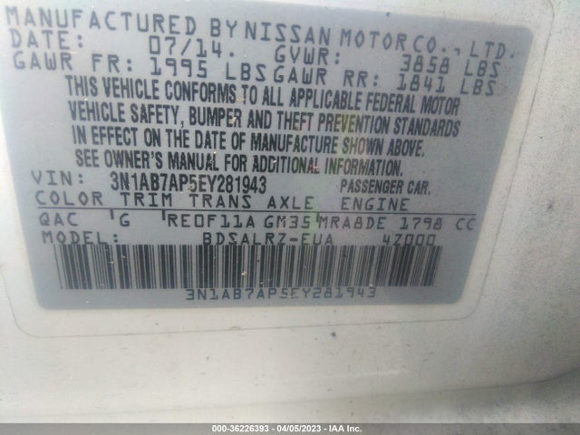 2014 NISSAN SENTRA SR VIN: 3N1AB7AP5EY281943