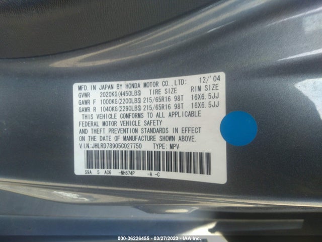 36226455 :رقم المزاد ، JHLRD78905C027750 vin ، 2005 Honda Cr-v Ex Se مزاد بيع