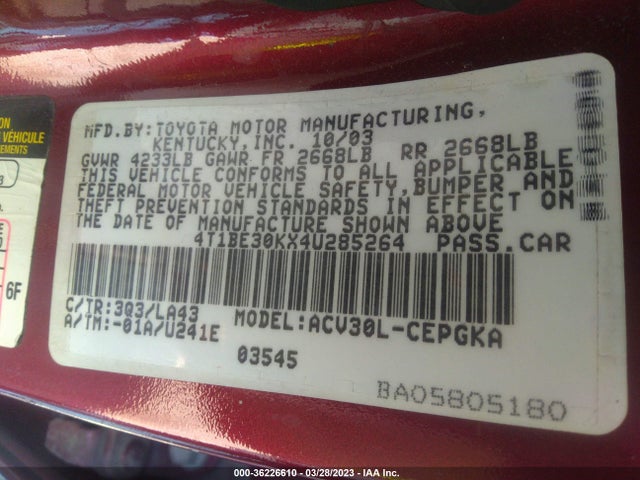2004 TOYOTA CAMRY LE/SE/XLE VIN: 4T1BE30KX4U285264