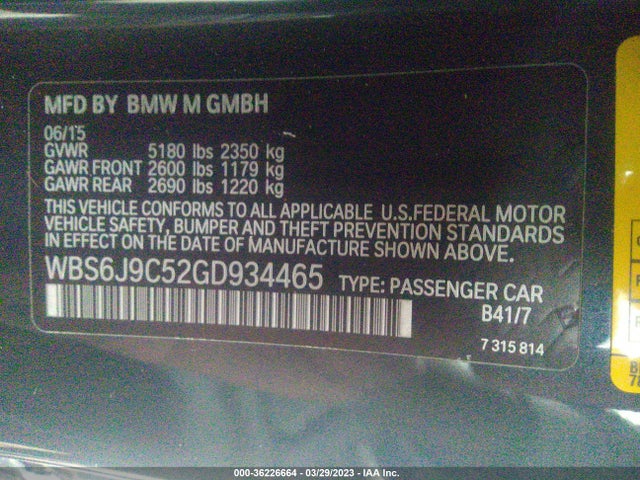 2016 BMW M6, VIN: WBS6J9C52GD934465