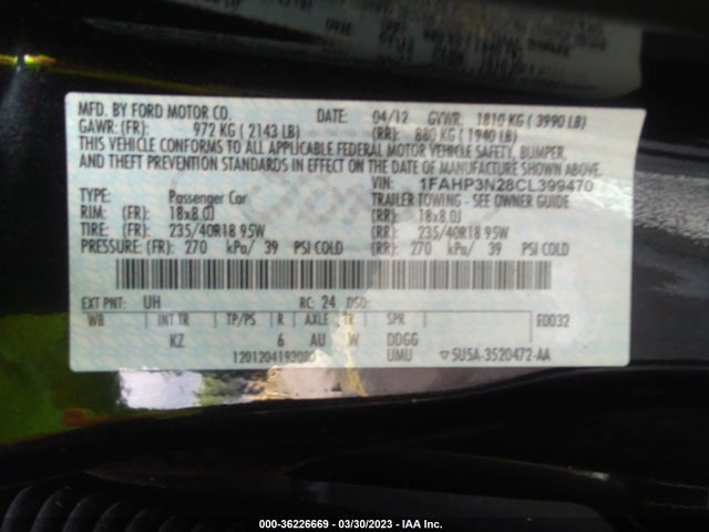 2012 FORD FOCUS TITANIUM VIN: 1FAHP3N28CL399470