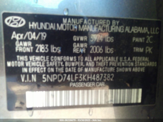 2019 HYUNDAI ELANTRA SE VIN: 5NPD74LF3KH487382