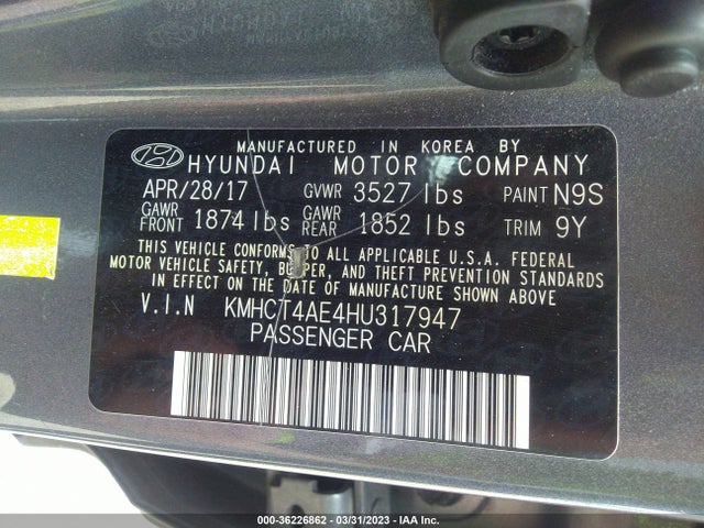 2017 HYUNDAI ACCENT SE VIN: KMHCT4AE4HU317947