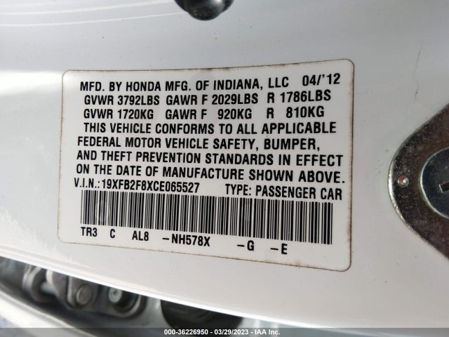 2012 HONDA CIVIC SDN EX VIN: 19XFB2F8XCE065527