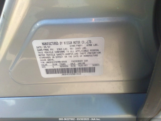 2007 INFINITI G35 SEDAN G35X VIN: JNKBV61F87M819548