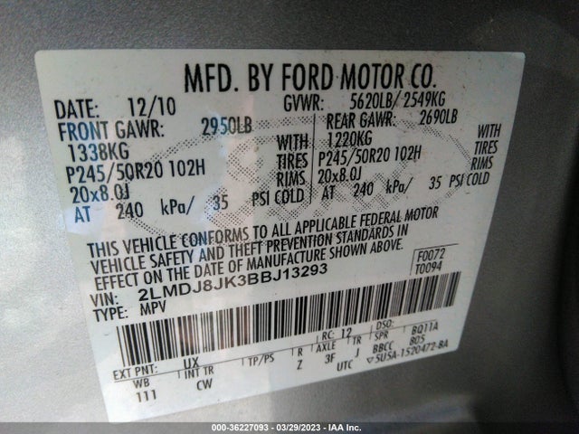 2011 LINCOLN MKX VIN: 2LMDJ8JK3BBJ13293