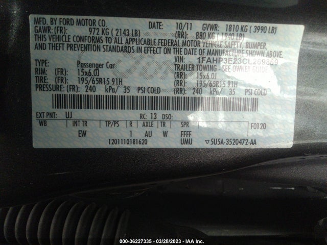 2012 FORD FOCUS S VIN: 1FAHP3E23CL269869