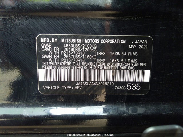 JA4ASUAA4NZ018219 Mitsubishi Eclipse Cross Es