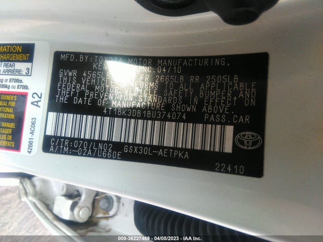 2011 TOYOTA AVALON VIN: 4T1BK3DB1BU374074