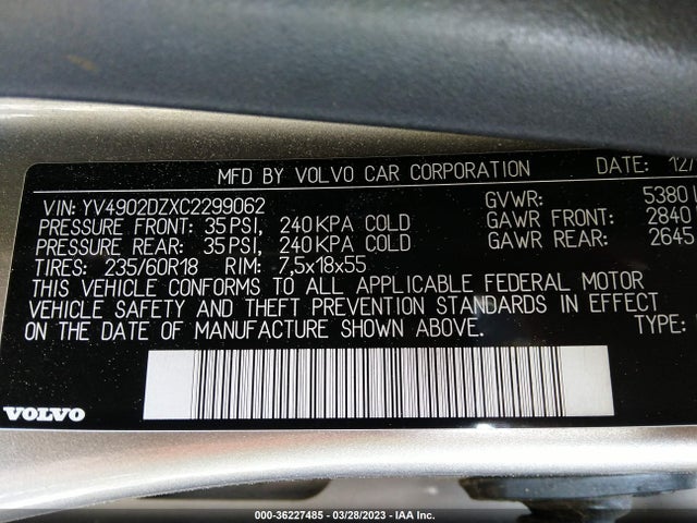 2012 VOLVO XC60 3.0L VIN: YV4902DZXC2299062