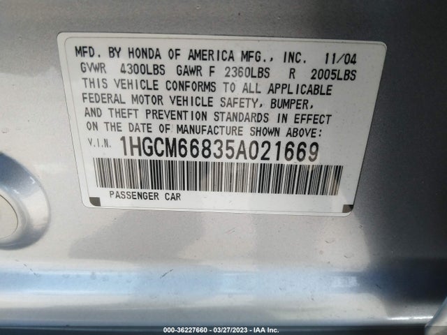 2005 HONDA ACCORD SDN EX-L V6 WITH NAVI VIN: 1HGCM66835A021669