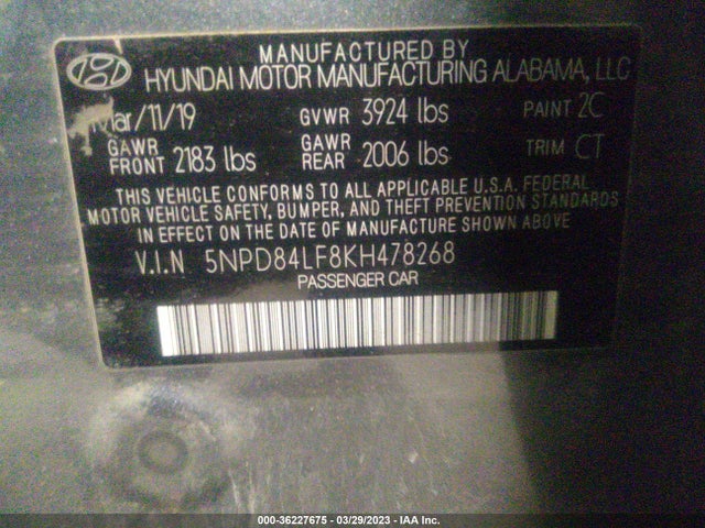 2019 HYUNDAI ELANTRA SEL VIN: 5NPD84LF8KH478268
