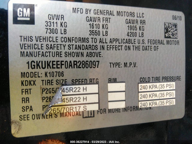 2010 GMC YUKON DENALI VIN: 1GKUKEEF0AR286097