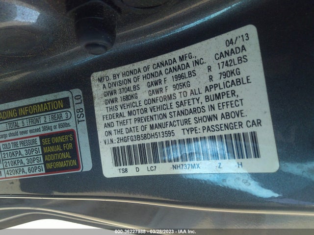 2013 HONDA CIVIC CPE LX VIN: 2HGFG3B58DH513595