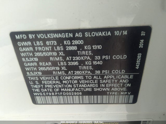 2015 Volkswagen Touareg, VIN: WVGEF9BP1FD002906