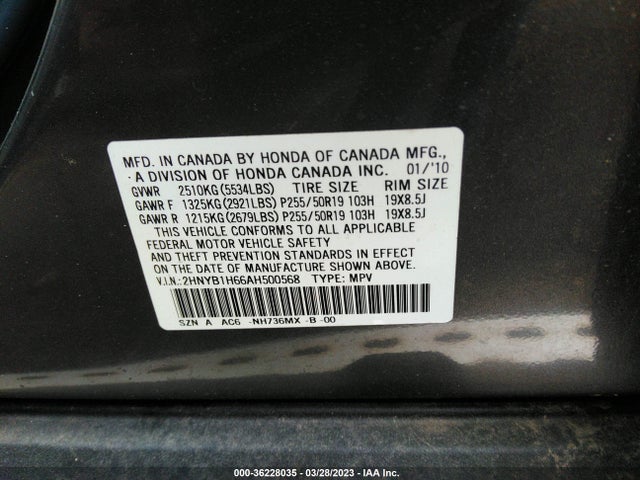 Acura Zdx Advance Pkg 2010 2HNYB1H66AH500568 Image 9