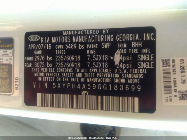5XYPH4A59GG183699 KIA SORENTO EX