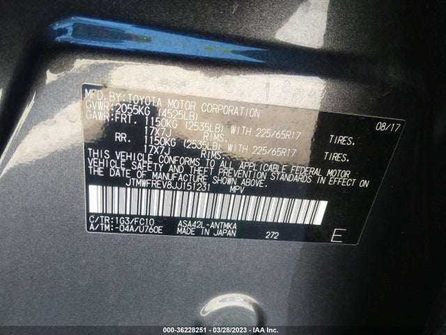 2018 TOYOTA RAV4 XLE/ADVENTURE VIN: JTMWFREV8JJ151231
