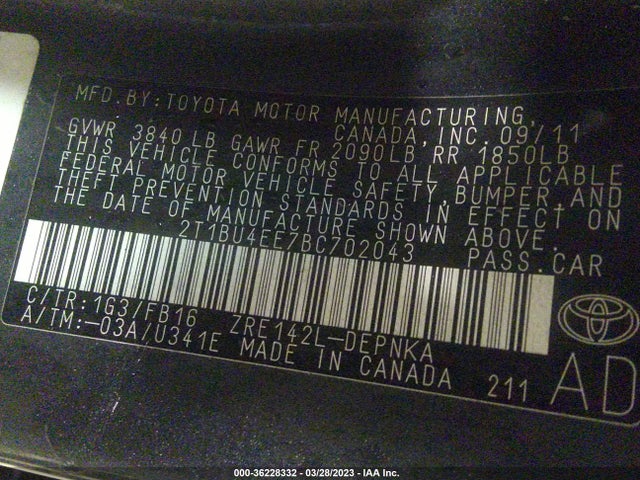 2011 TOYOTA COROLLA L/LE/S VIN: 2T1BU4EE7BC702043