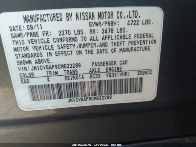2012 INFINITI G37 SEDAN JOURNEY VIN: JN1CV6AP9CM622299