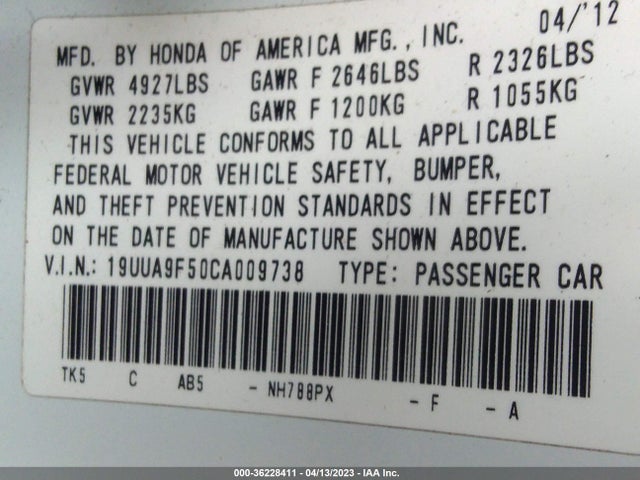 2012 ACURA TL TECH AUTO VIN: 19UUA9F50CA009738