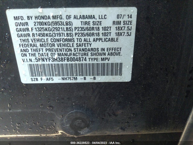 Honda PILOT SE 2015 5FNYF3H38FB004874 Image 9
