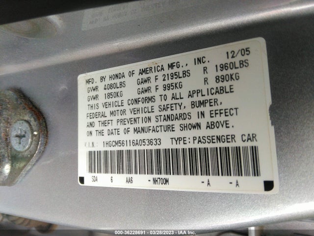 2006 HONDA ACCORD SDN VP VIN: 1HGCM56116A053633