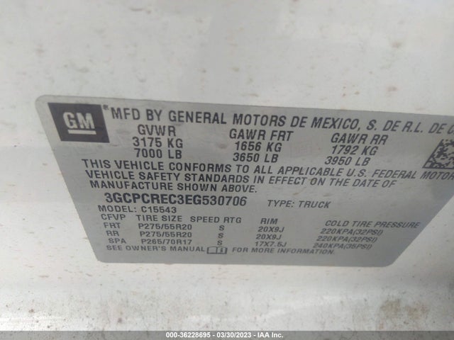 2014 CHEVROLET SILVERADO 1500 LT VIN: 3GCPCREC3EG530706