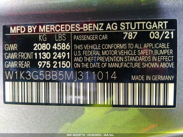 2021 Mercedes-Benz A-Class, VIN: W1K3G5BB5MJ311014