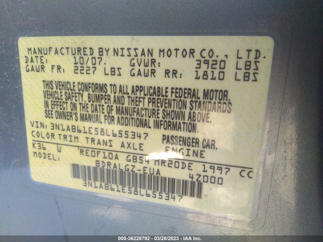 2008 NISSAN SENTRA 2.0 SL VIN: 3N1AB61E58L655347